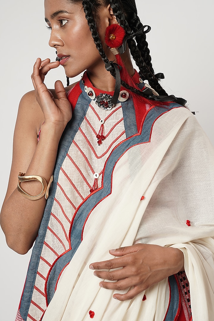 Ivory Cotton Scalloped Dhoti Wedding Saree Set by Shwetanga at Pernia's Pop Up Shop