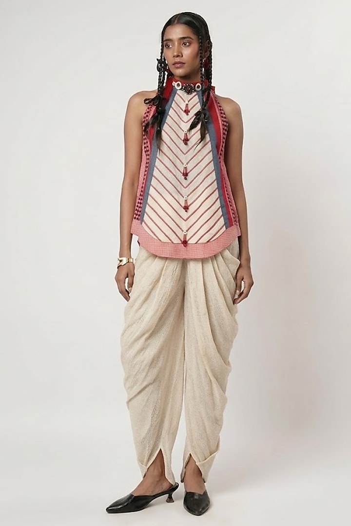 Ivory Linen Mesh Dhoti Pant Set by Shwetanga at Pernia's Pop Up Shop