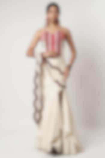 Ivory Cotton Scalloped Draped Skirt Wedding Saree Set by Shwetanga at Pernia's Pop Up Shop