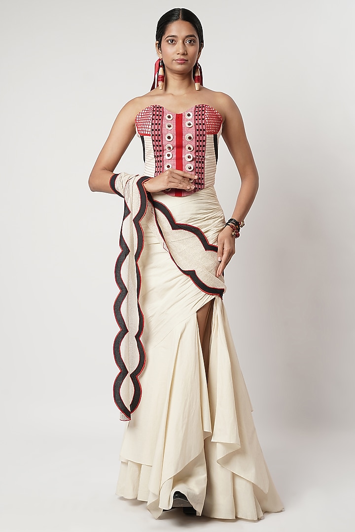 Ivory Cotton Scalloped Draped Skirt Wedding Saree Set by Shwetanga at Pernia's Pop Up Shop