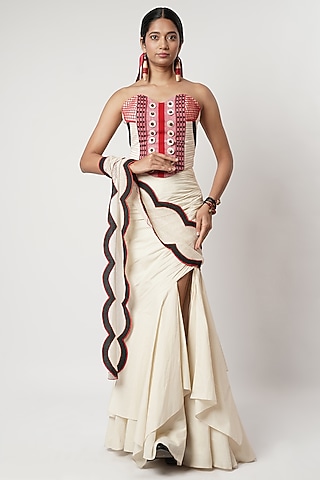 Ivory Cotton Scalloped Draped Skirt Saree Set by Shwetanga