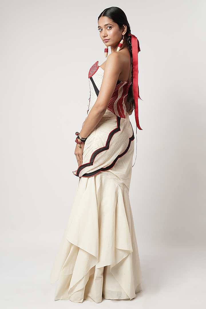 Ivory Cotton Scalloped Draped Skirt Wedding Saree Set by Shwetanga at Pernia's Pop Up Shop