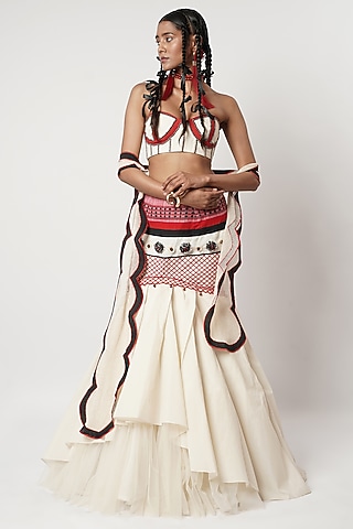Ivory Cotton Fish-Cut Layered Skirt Set by Shwetanga