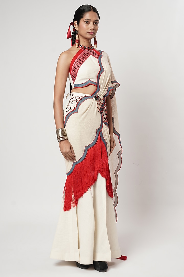 Multi-Colored Linen & Cotton Draped Wedding Saree Set by Shwetanga at Pernia's Pop Up Shop