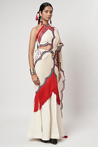 Multi-Colored Linen & Cotton Draped Saree Set by Shwetanga