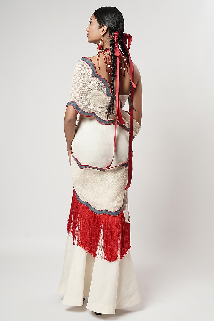 Multi-Colored Linen & Cotton Draped Wedding Saree Set by Shwetanga at Pernia's Pop Up Shop