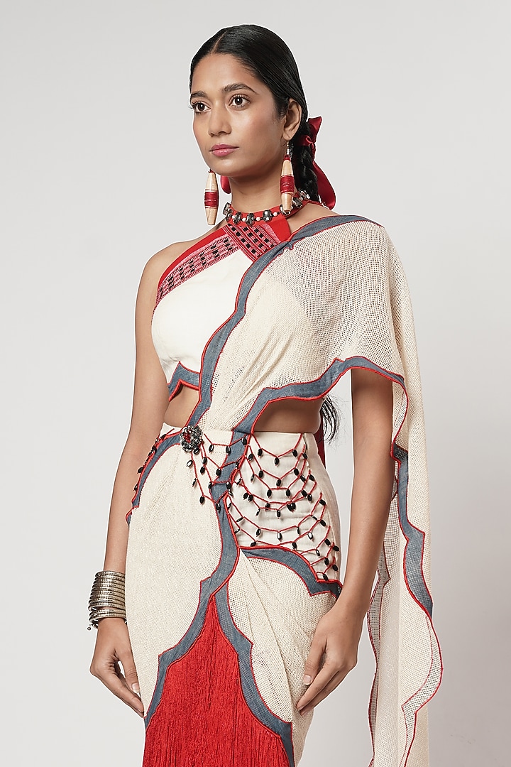 Multi-Colored Linen & Cotton Draped Wedding Saree Set by Shwetanga at Pernia's Pop Up Shop