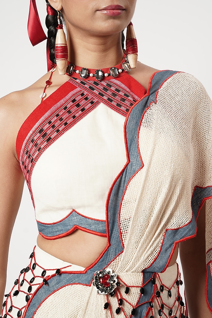 Multi-Colored Linen & Cotton Draped Wedding Saree Set by Shwetanga at Pernia's Pop Up Shop
