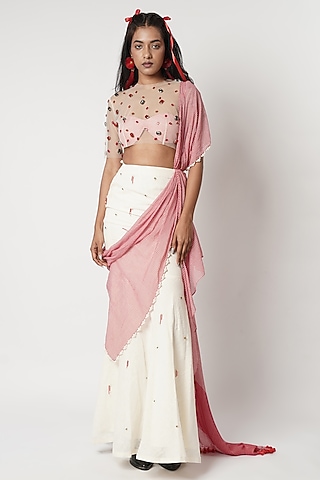 Ivory & Red Linen Draped Saree Set by Shwetanga