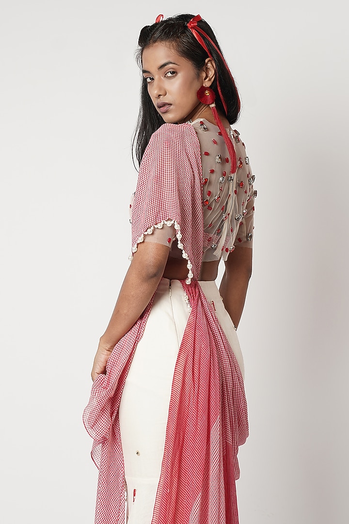 Ivory & Red Linen Draped Wedding Saree Set by Shwetanga at Pernia's Pop Up Shop