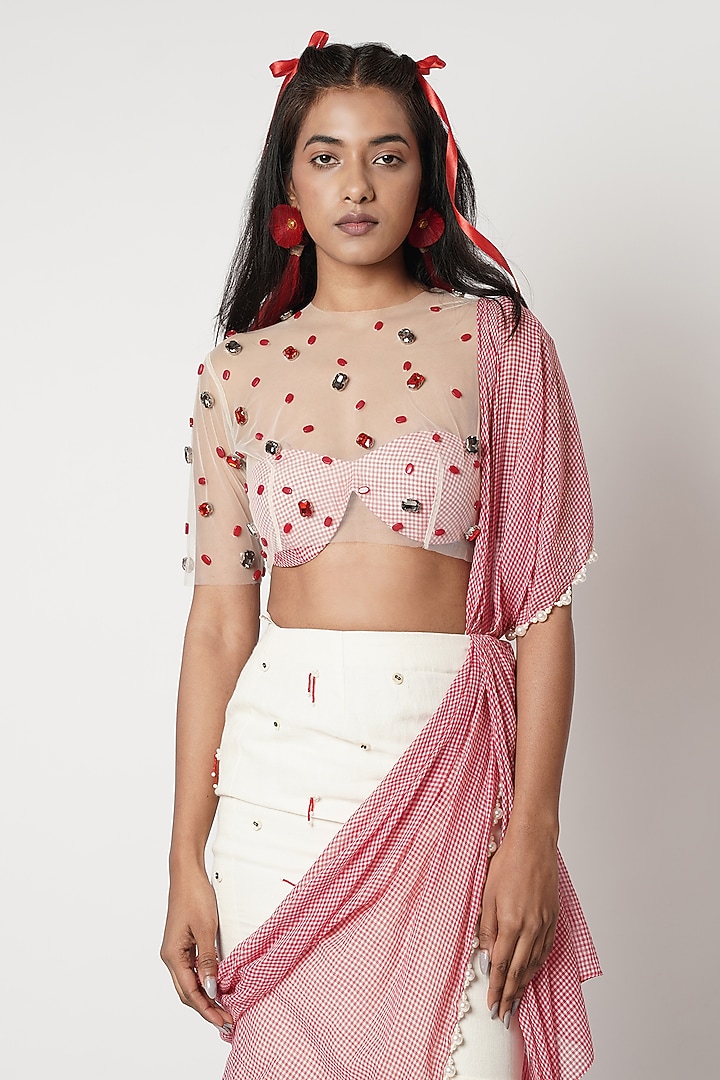 Ivory & Red Linen Draped Wedding Saree Set by Shwetanga at Pernia's Pop Up Shop