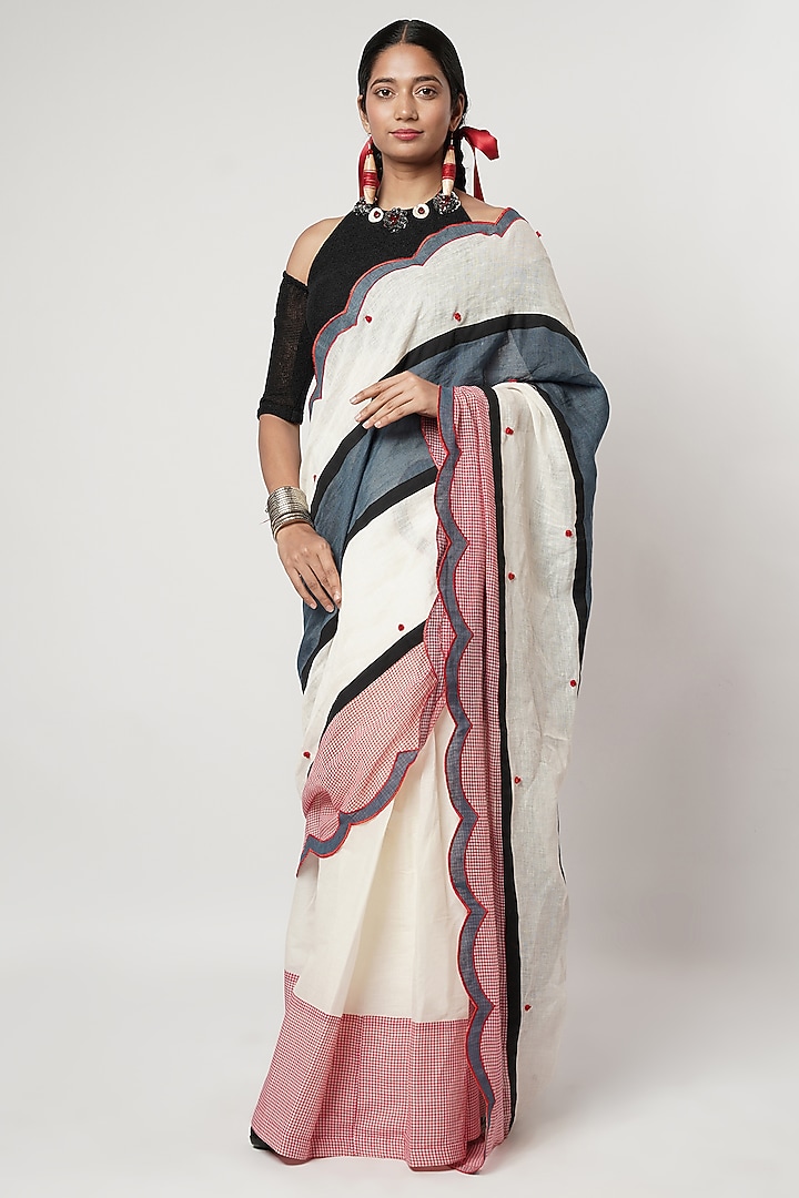 Multi-Colored Linen & Cotton Draped Wedding Saree Set by Shwetanga at Pernia's Pop Up Shop