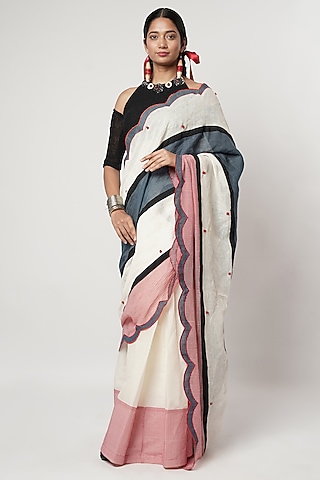 Multi-Colored Linen & Cotton Draped Saree Set by Shwetanga