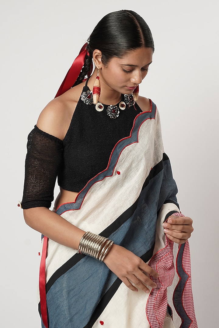 Multi-Colored Linen & Cotton Draped Wedding Saree Set by Shwetanga at Pernia's Pop Up Shop