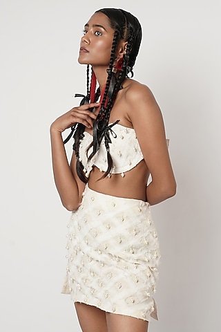 Ivory Cotton Beaded Mini Skirt Set by Shwetanga