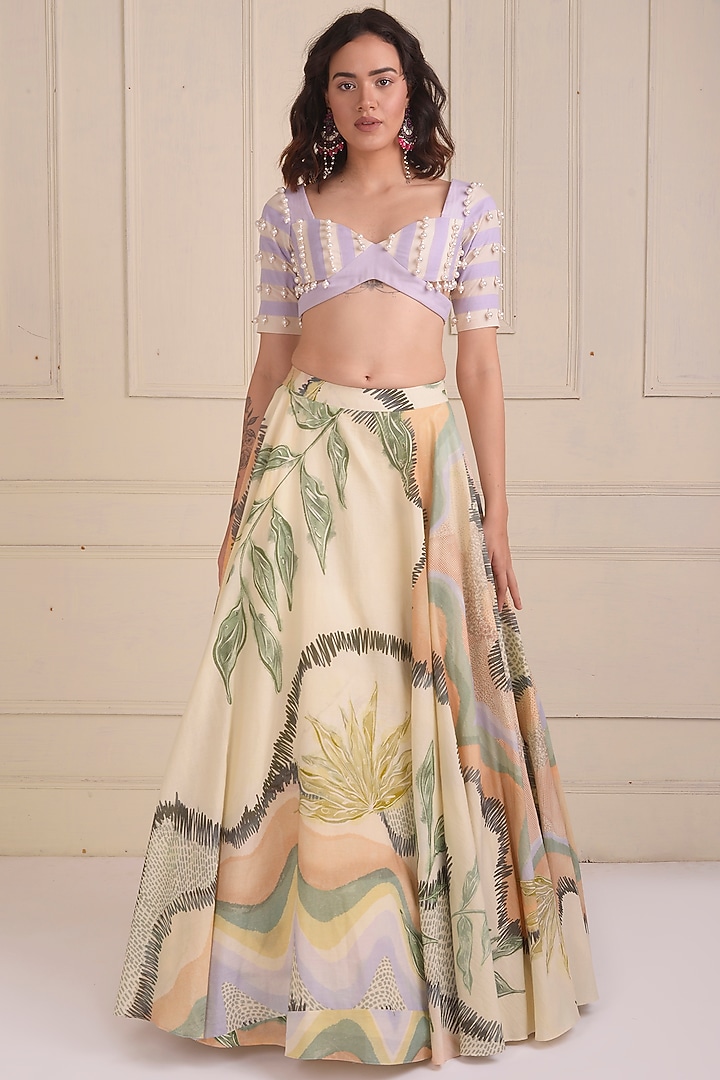 Ivory Organic Cotton Printed Lehenga Set by Shwetanga at Pernia's Pop Up Shop