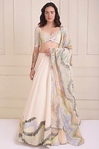 Ivory Organic Cotton Printed Lehenga Set by Shwetanga