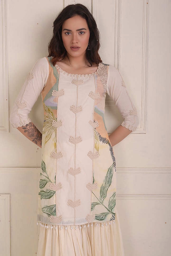 Ivory Organic Cotton Tiered Party Wear Sharara Set by Shwetanga at Pernia's Pop Up Shop