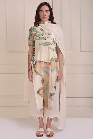 Ivory Organic Cotton Printed Kurta Set by Shwetanga