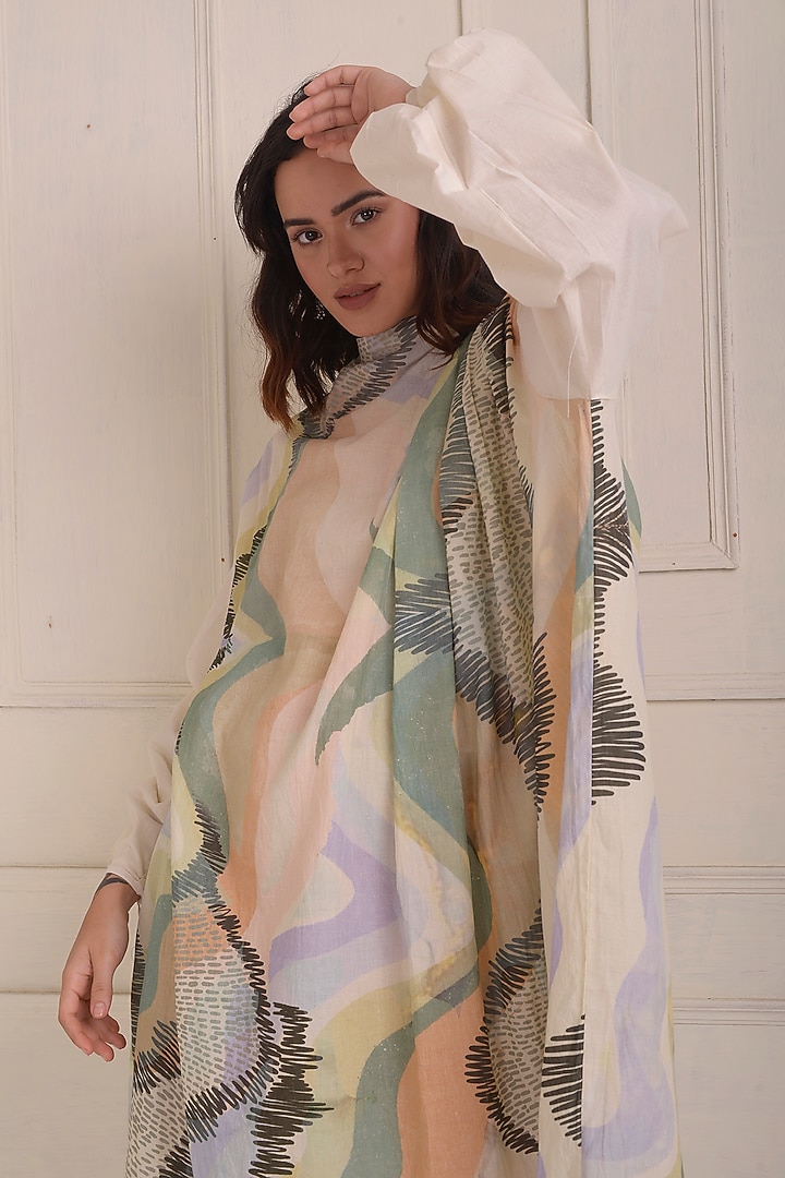Ivory Organic Cotton Printed Draped Summer Dress by Shwetanga at Pernia's Pop Up Shop