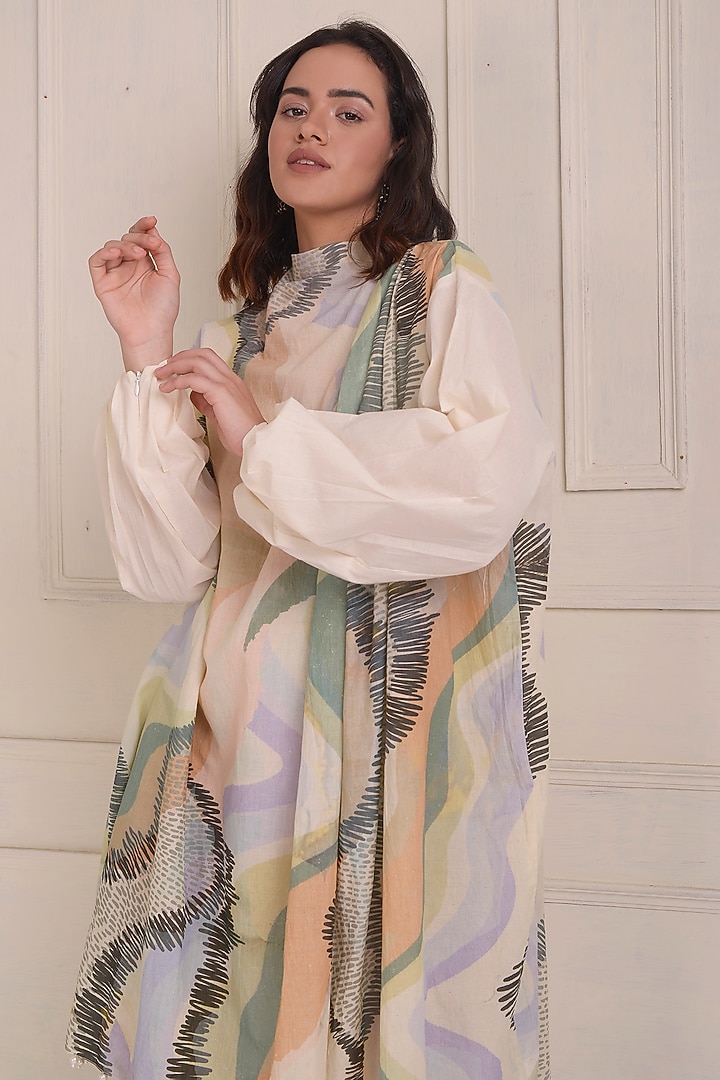 Ivory Organic Cotton Printed Draped Summer Dress by Shwetanga at Pernia's Pop Up Shop