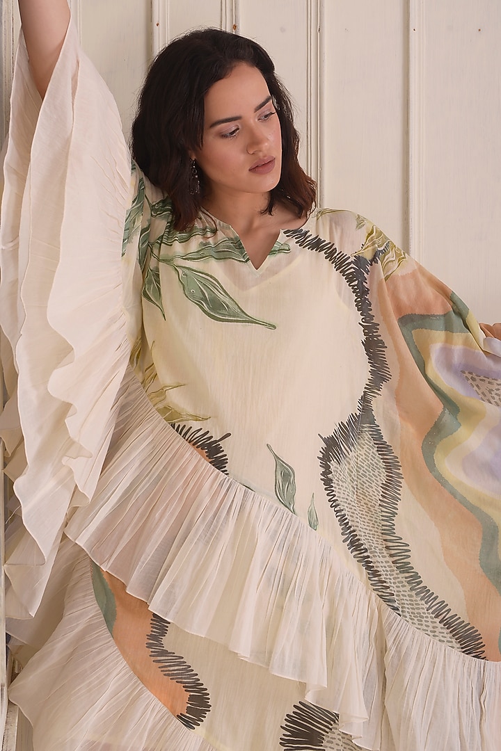 Ivory Organic Cotton Printed Kaftan Summer Dress by Shwetanga at Pernia's Pop Up Shop