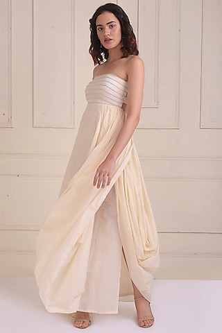 Ivory Organic Cotton Embroidered Draped Gown by Shwetanga