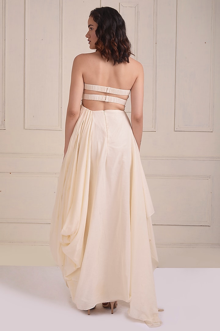 Ivory Organic Cotton Embroidered Draped Gown by Shwetanga at Pernia's Pop Up Shop
