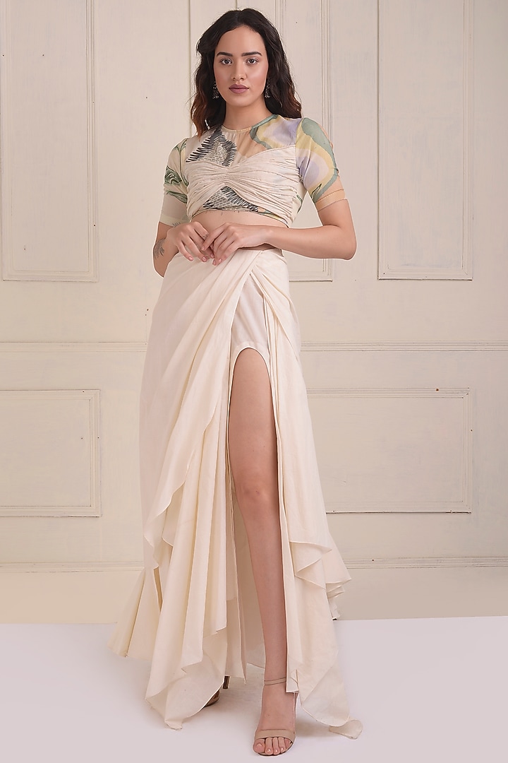 Ivory Organic Cotton Draped Skirt Set by Shwetanga at Pernia's Pop Up Shop