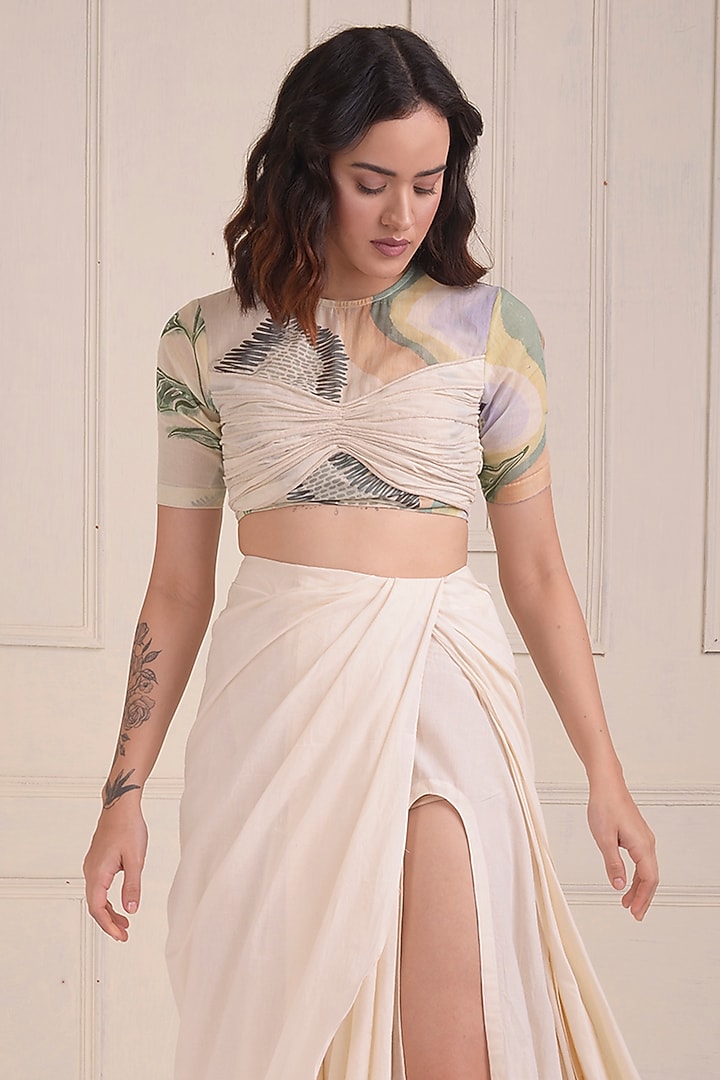 Ivory Organic Cotton Draped Skirt Set by Shwetanga at Pernia's Pop Up Shop