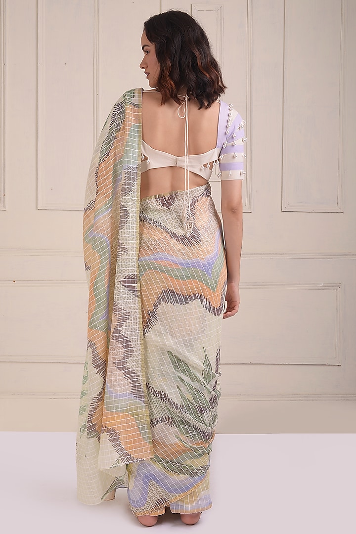 Ivory Organic Cotton Printed Party Wear Saree Set by Shwetanga at Pernia's Pop Up Shop