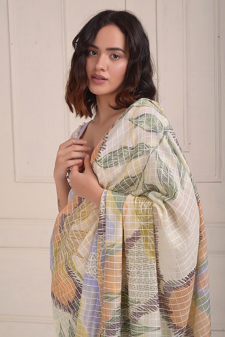 Ivory Organic Cotton Printed Party Wear Saree Set by Shwetanga at Pernia's Pop Up Shop