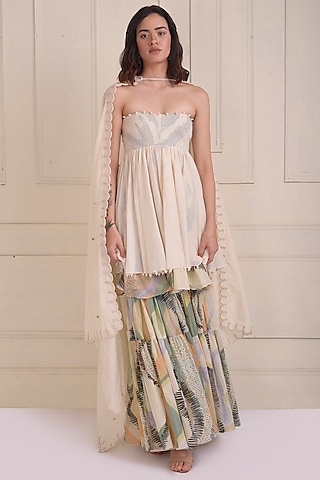Ivory Organic Cotton Printed Tiered Sharara Set by Shwetanga