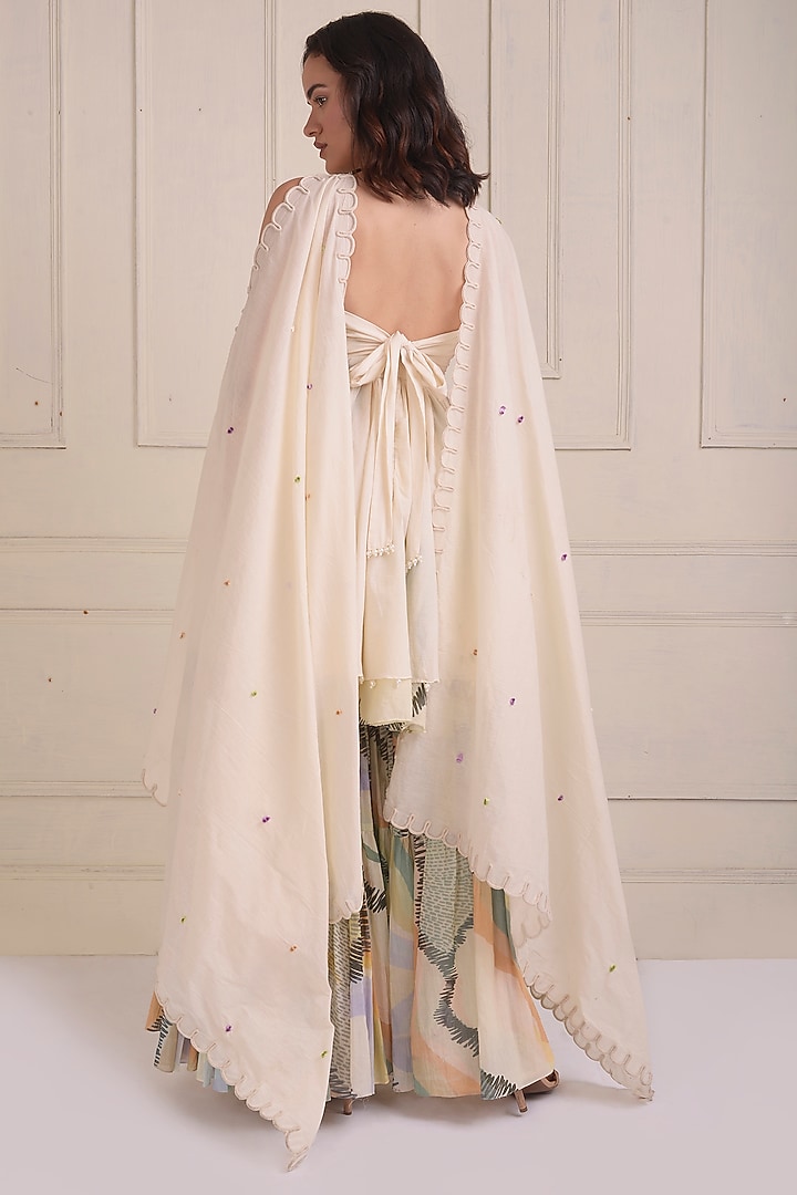 Ivory Organic Cotton Printed Tiered Party Wear Sharara Set by Shwetanga at Pernia's Pop Up Shop