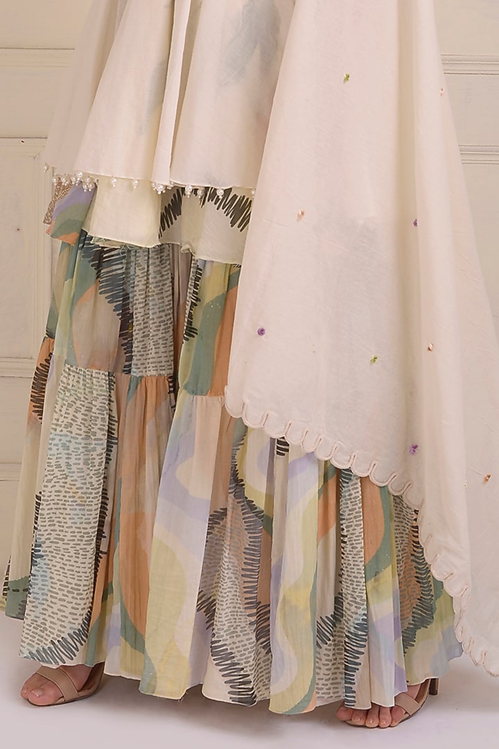 Ivory Organic Cotton Printed Tiered Party Wear Sharara Set by Shwetanga at Pernia's Pop Up Shop