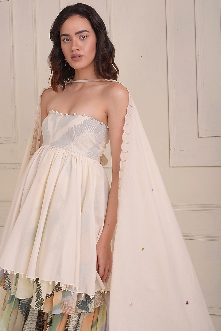 Ivory Organic Cotton Printed Tiered Party Wear Sharara Set by Shwetanga at Pernia's Pop Up Shop