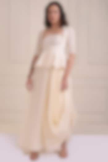 Ivory Organic Cotton Draped Gown With Peplum Jacket by Shwetanga