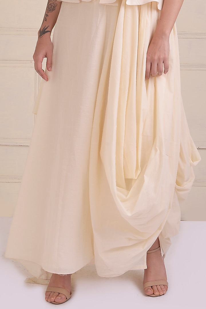Ivory Organic Cotton Draped Party Wear Gown With Peplum Jacket by Shwetanga at Pernia's Pop Up Shop