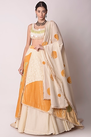 Ivory Embroidered Layered Lehenga Set by Shwetanga