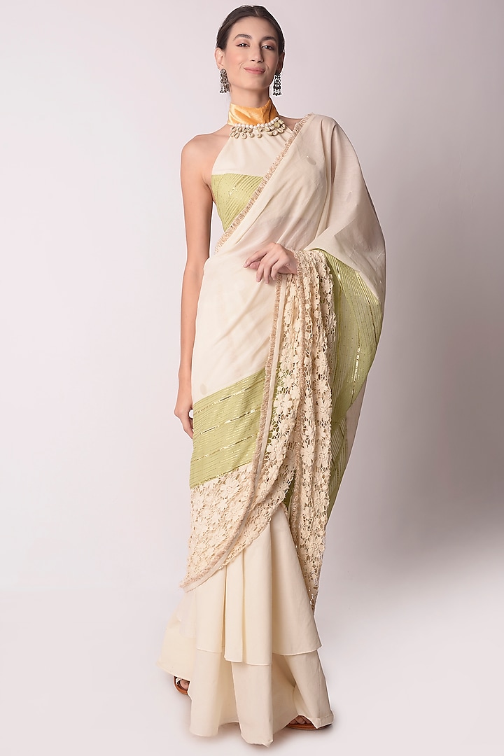 Multi-Colored Organic Cotton Embroidered Draped Saree Set by Shwetanga