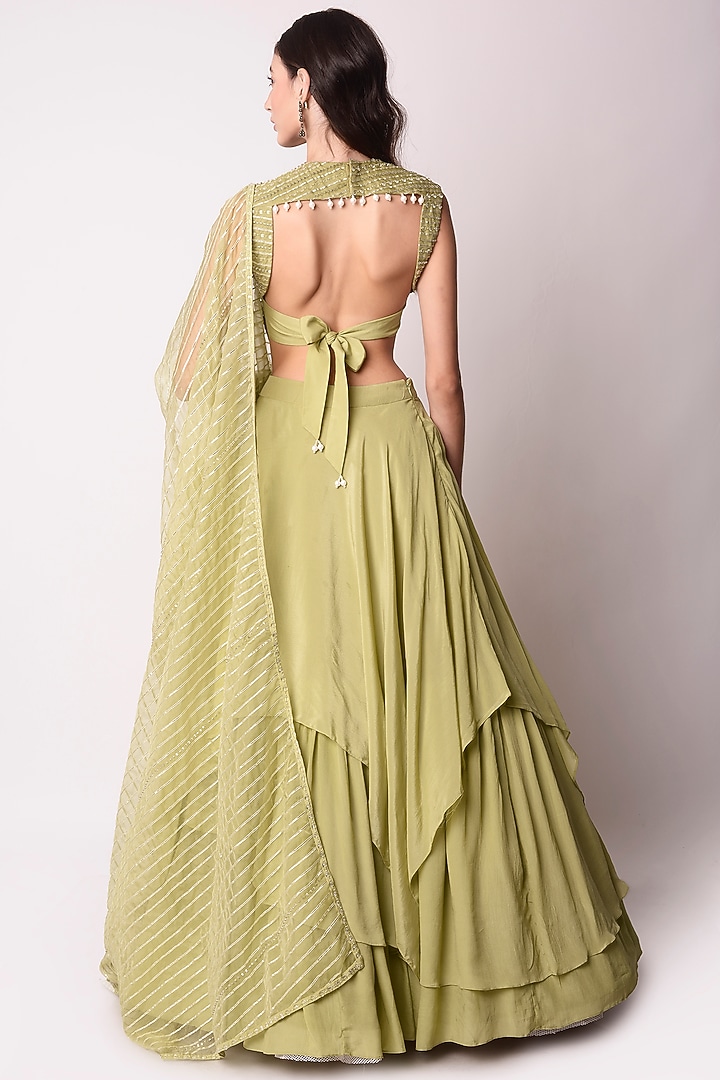 Jade Green Crepe Layered Wedding Lehenga Set by Shwetanga at Pernia's Pop Up Shop