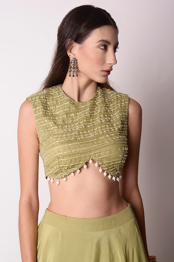 Jade Green Crepe Layered Wedding Lehenga Set by Shwetanga at Pernia's Pop Up Shop