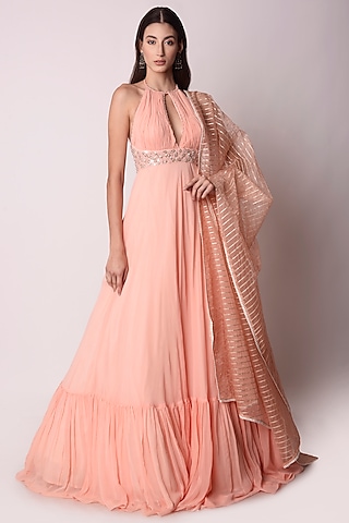Peach Georgette Flared Anarkali Set by Shwetanga
