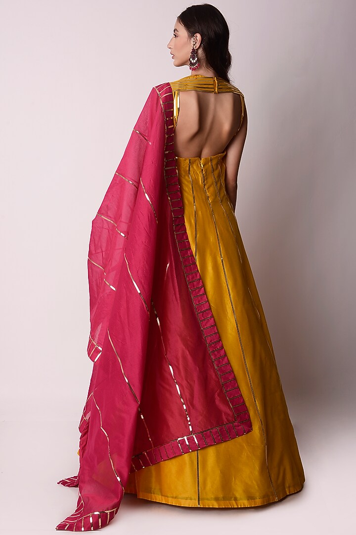 Mustard Chanderi Embroidered Wedding Anarkali Set by Shwetanga at Pernia's Pop Up Shop