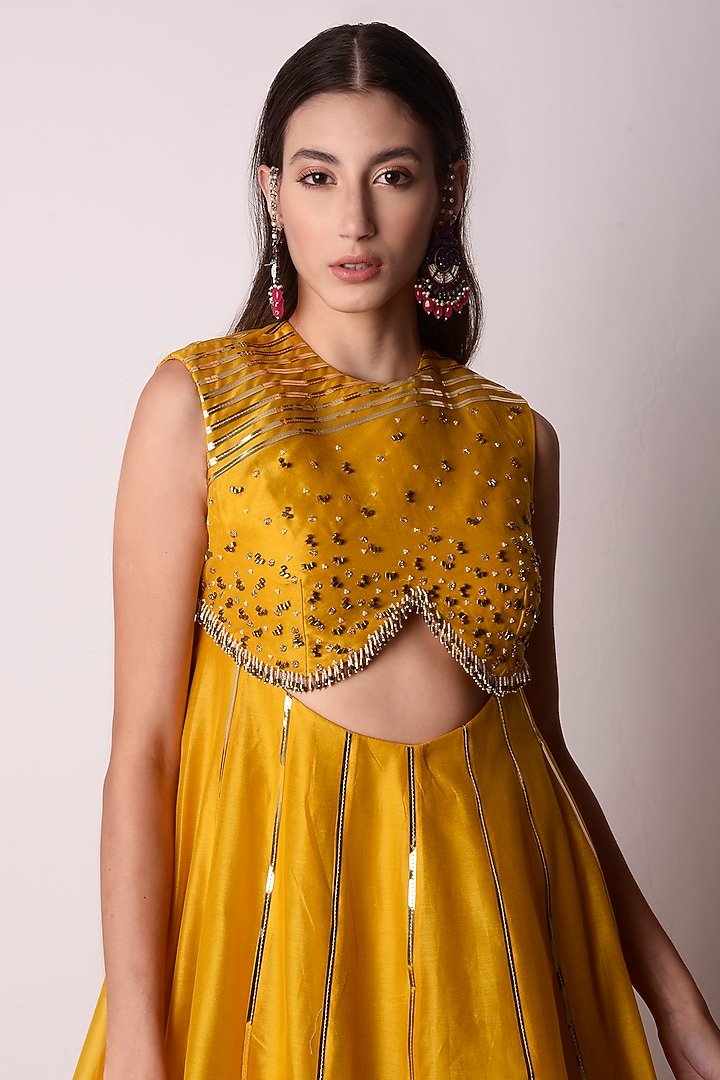 Mustard Chanderi Embroidered Wedding Anarkali Set by Shwetanga at Pernia's Pop Up Shop