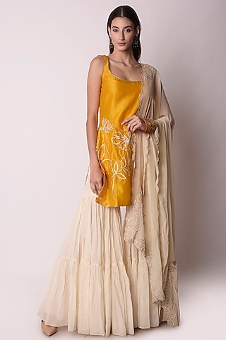 Mustard & Ivory Embroidered Sharara Set by Shwetanga