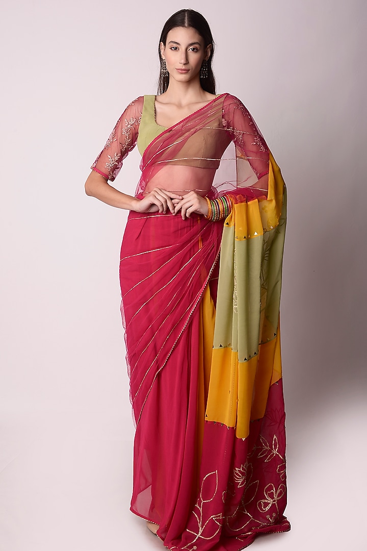 Multi-Colored Georgette Embroidered Saree Set by Shwetanga