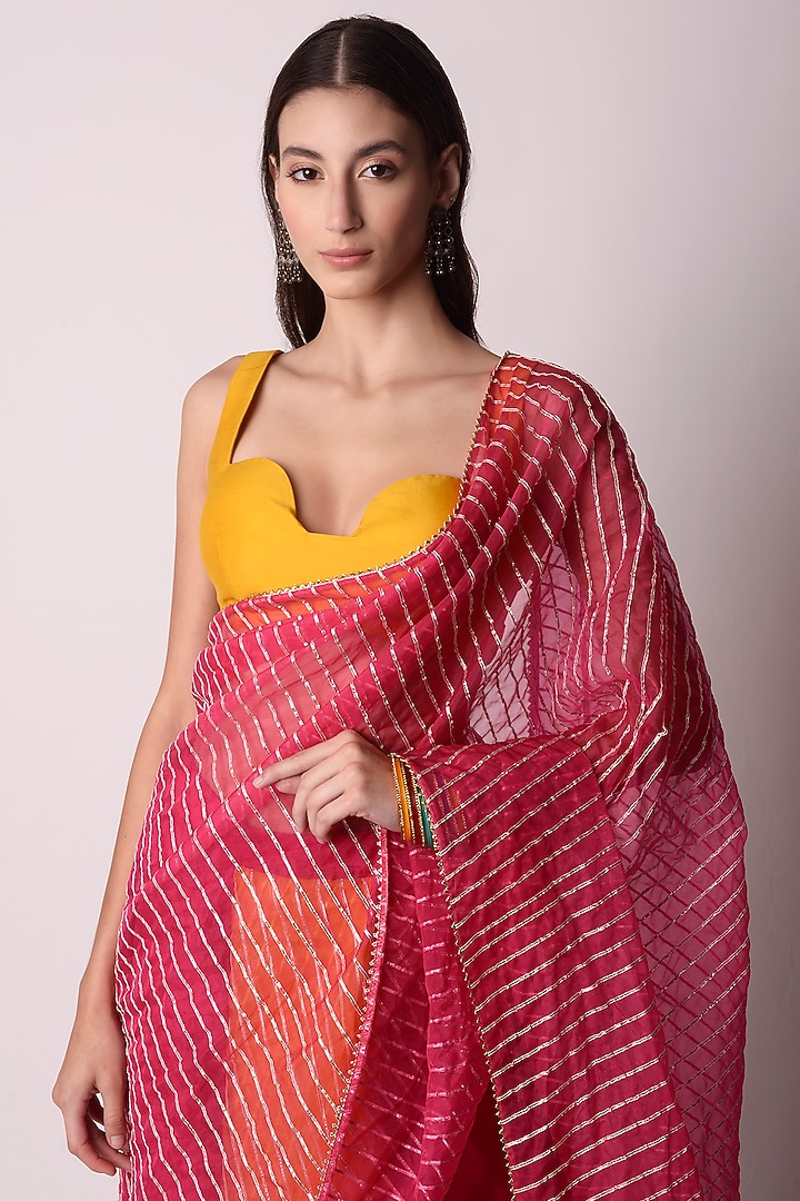 Mustard & Fuchsia Pink Organza Pre-Stitched Party Wear Saree Set by Shwetanga at Pernia's Pop Up Shop
