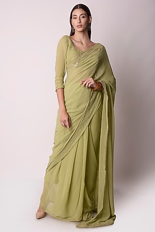 Jade Green Georgette Saree Set by Shwetanga