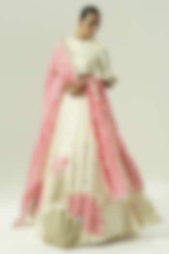 Ivory & Pink Satin Georgette Wedding Lehenga Set by Shwetanga at Pernia's Pop Up Shop